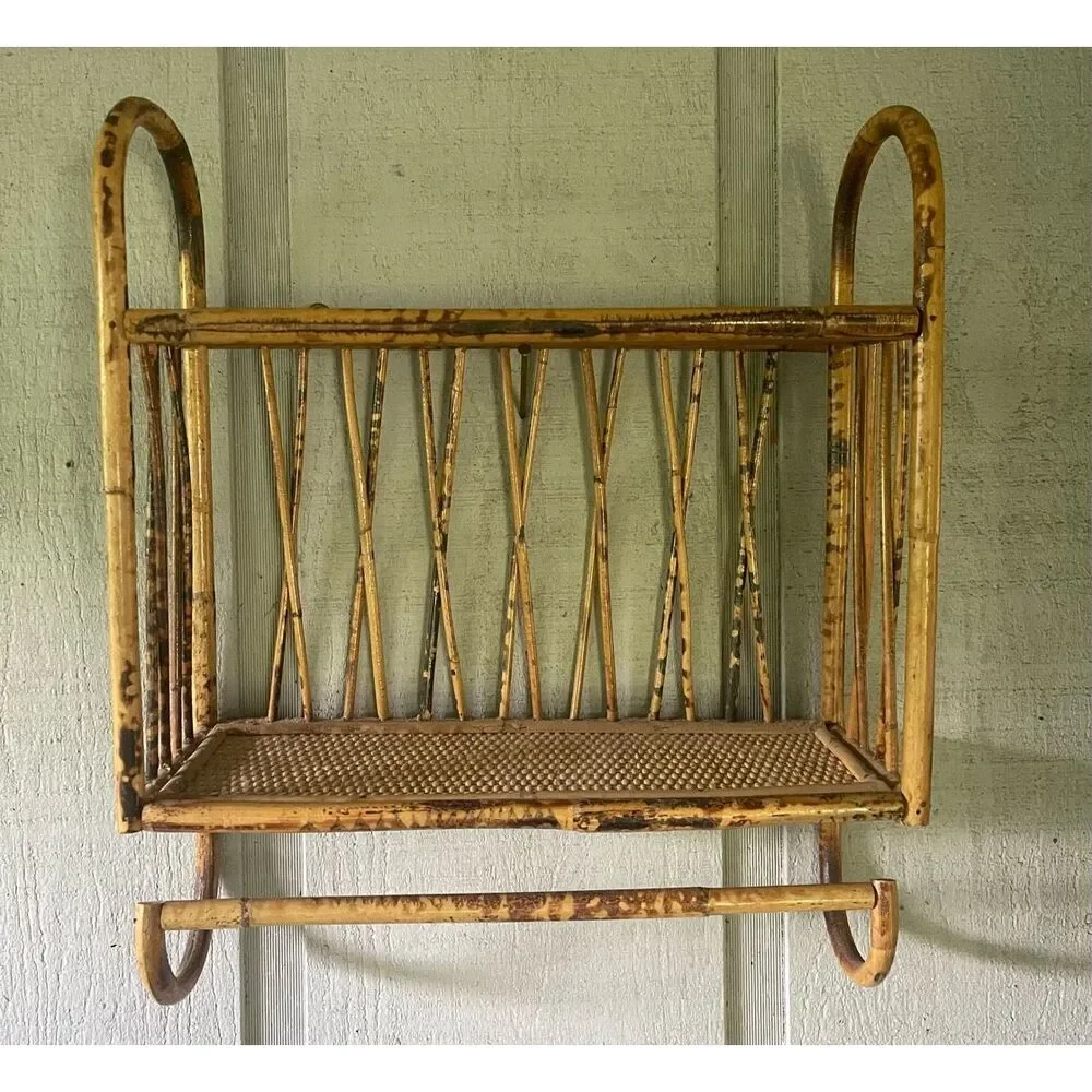 Vtg Tortise Shell Bamboo Boho Tiki Cane Rattan Wicker 2 level Wall Shelf w/ Towe